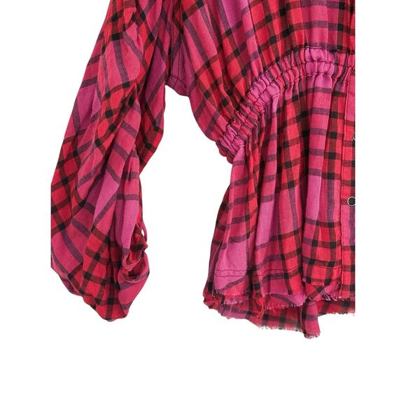 Free People We The Free Pacific Dawn Drawstring Plaid Shirt Red Women's Medium - Picture 3 of 9